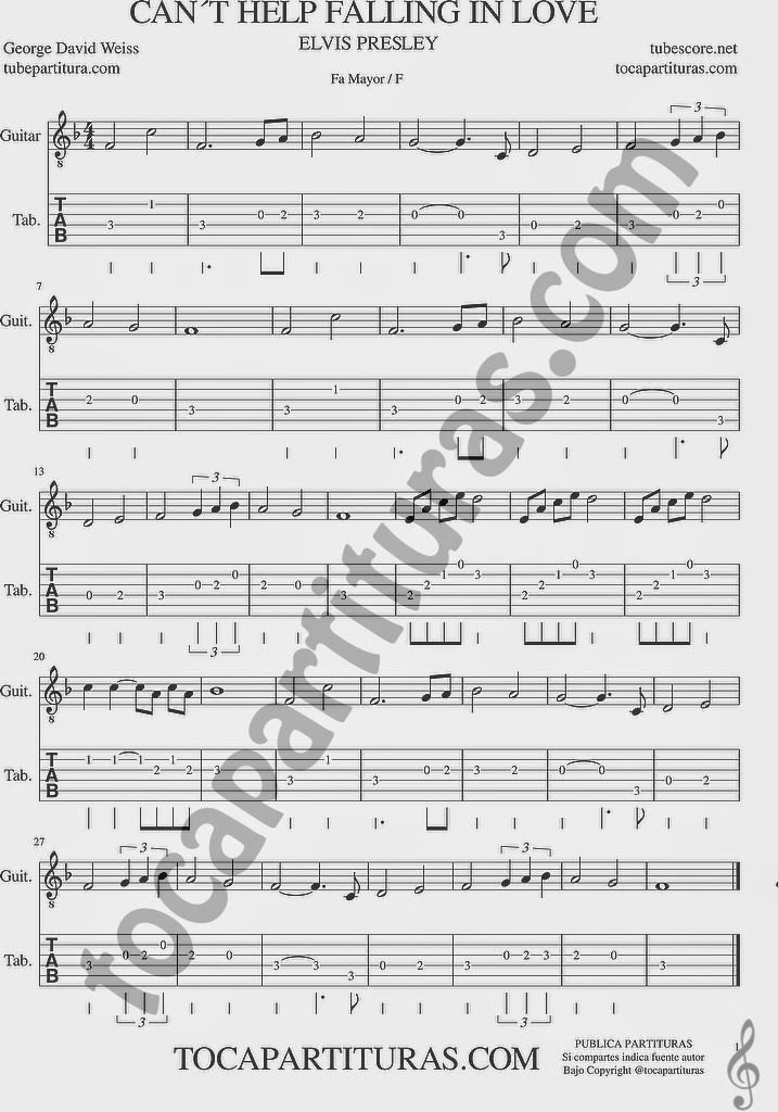 Tubescore Can´t Help Falling in love by Elvis Presley Tab Sheet Music for Guitar in F