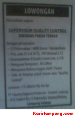 Lowongan Supervisor Quality Control Pakan Ternak PT Charoen Pokphand Indonesia