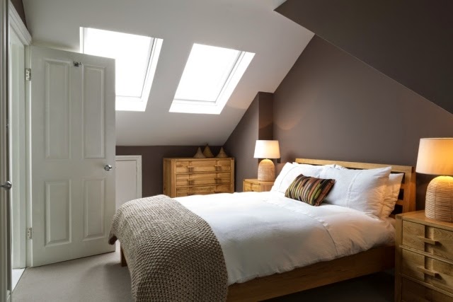 bedroom ceiling design : sloping roof with windows