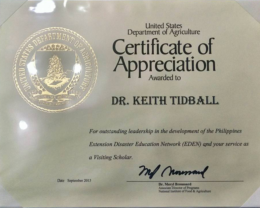 TidballCornell Tidball Awarded Certificate of Appreciation from USDA