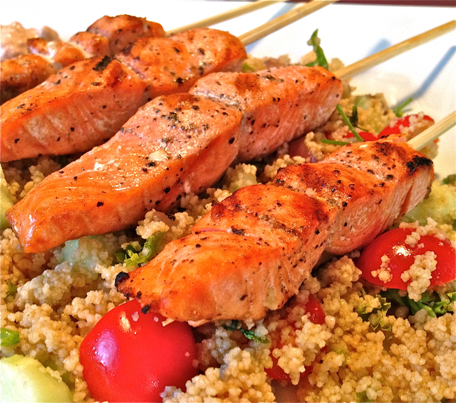 Try Me Tonight Grilled Salmon Kebabs with Greek Yogurt Sauce and Couscous