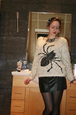 goth, jumper, spider, outfit, leather, mini skirt