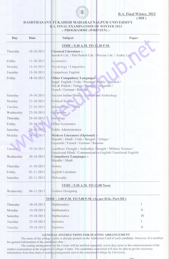 BA Final Year RTM Nagpur University Winter 2013 Timetable