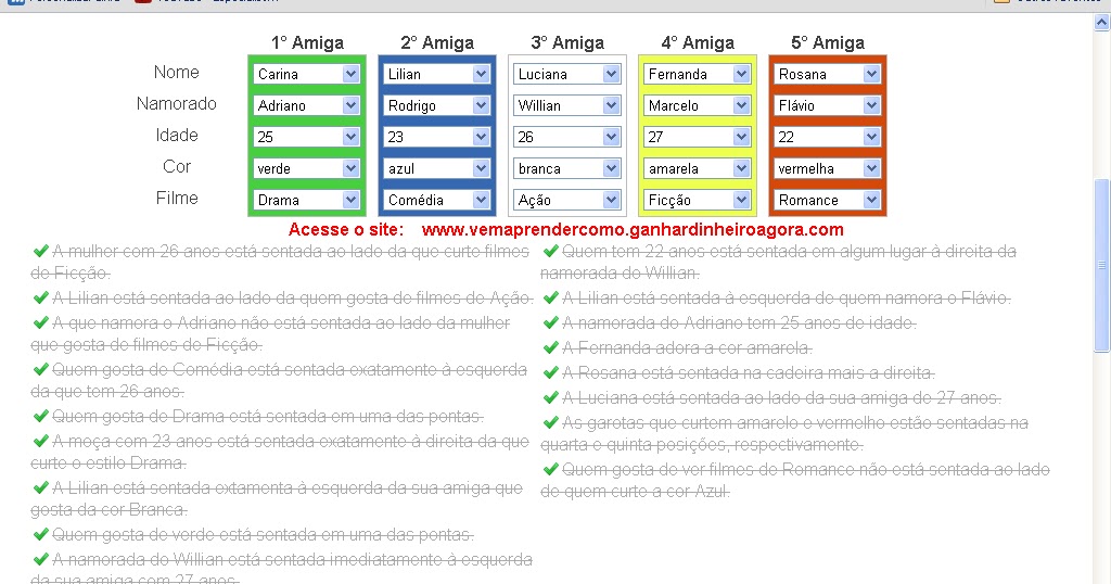 Resposta do Teste de Einstein: Resposta do Problema Amigas na Escola 2 -  Problema de Lógica Temático Normal