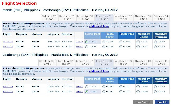 Philippine Airlines online booking - flight selection page