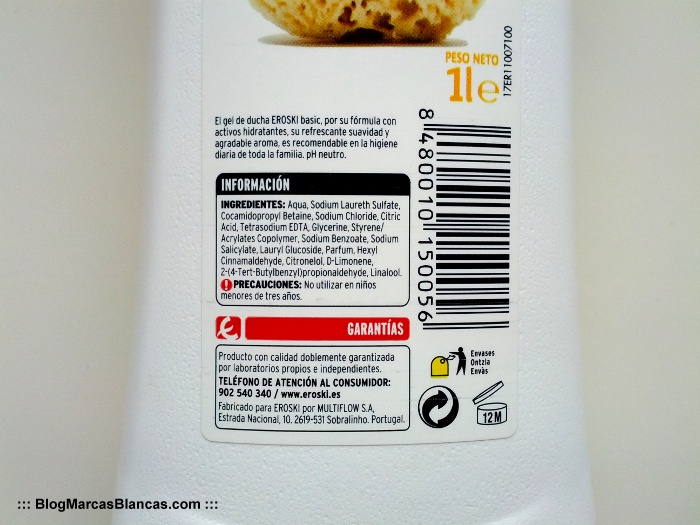 Ingredientes y fabricante del gel de ducha Eroski Basic.