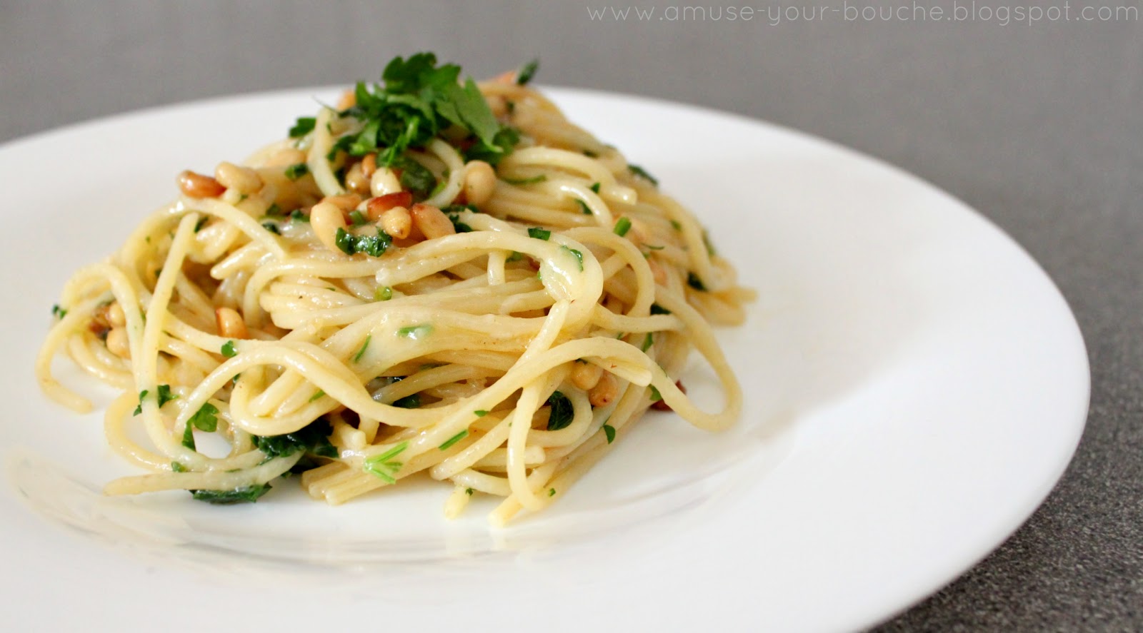 Roasted garlic spaghetti with parsley and pine nuts Amuse Your Bouche