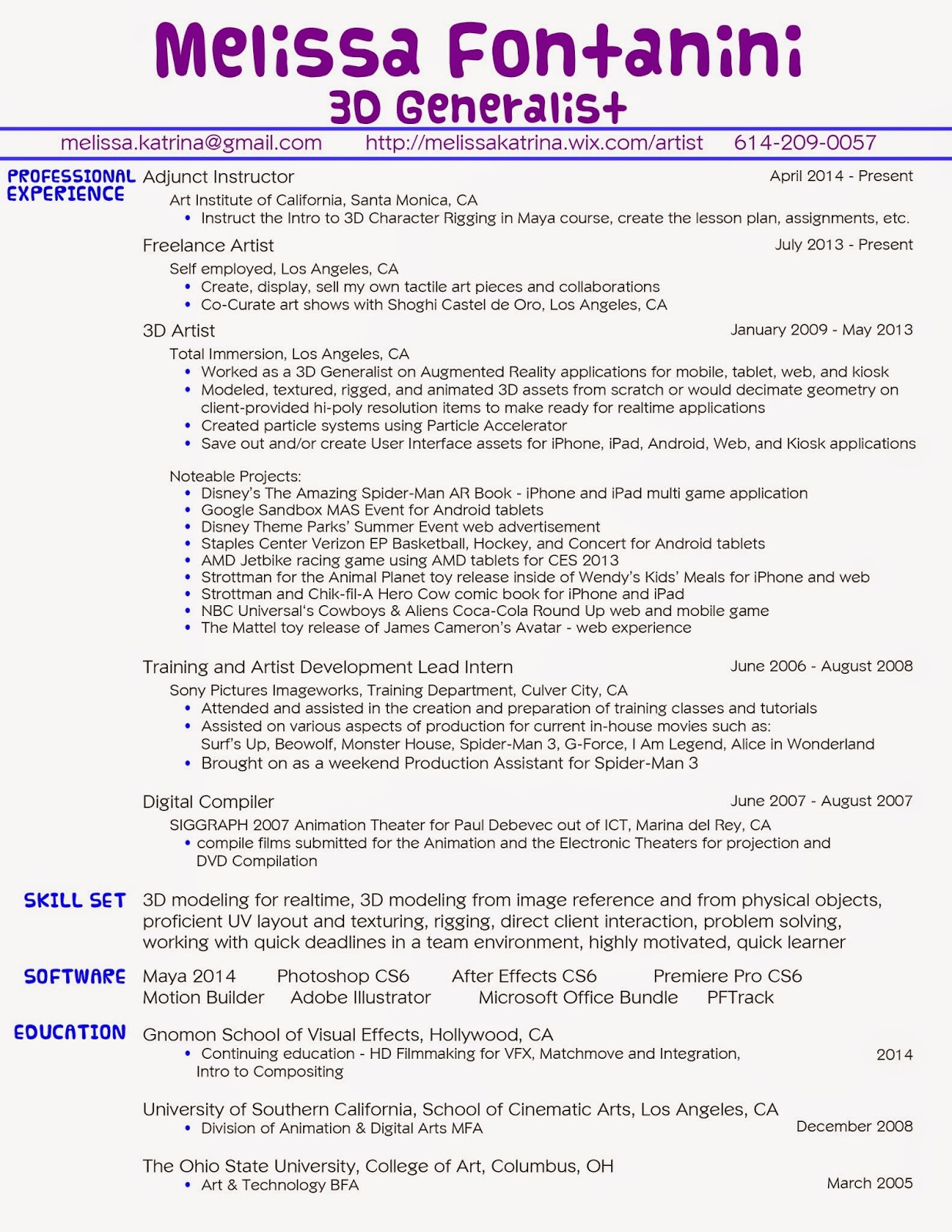 fontanini 3d artist resume 3d artist resumes
