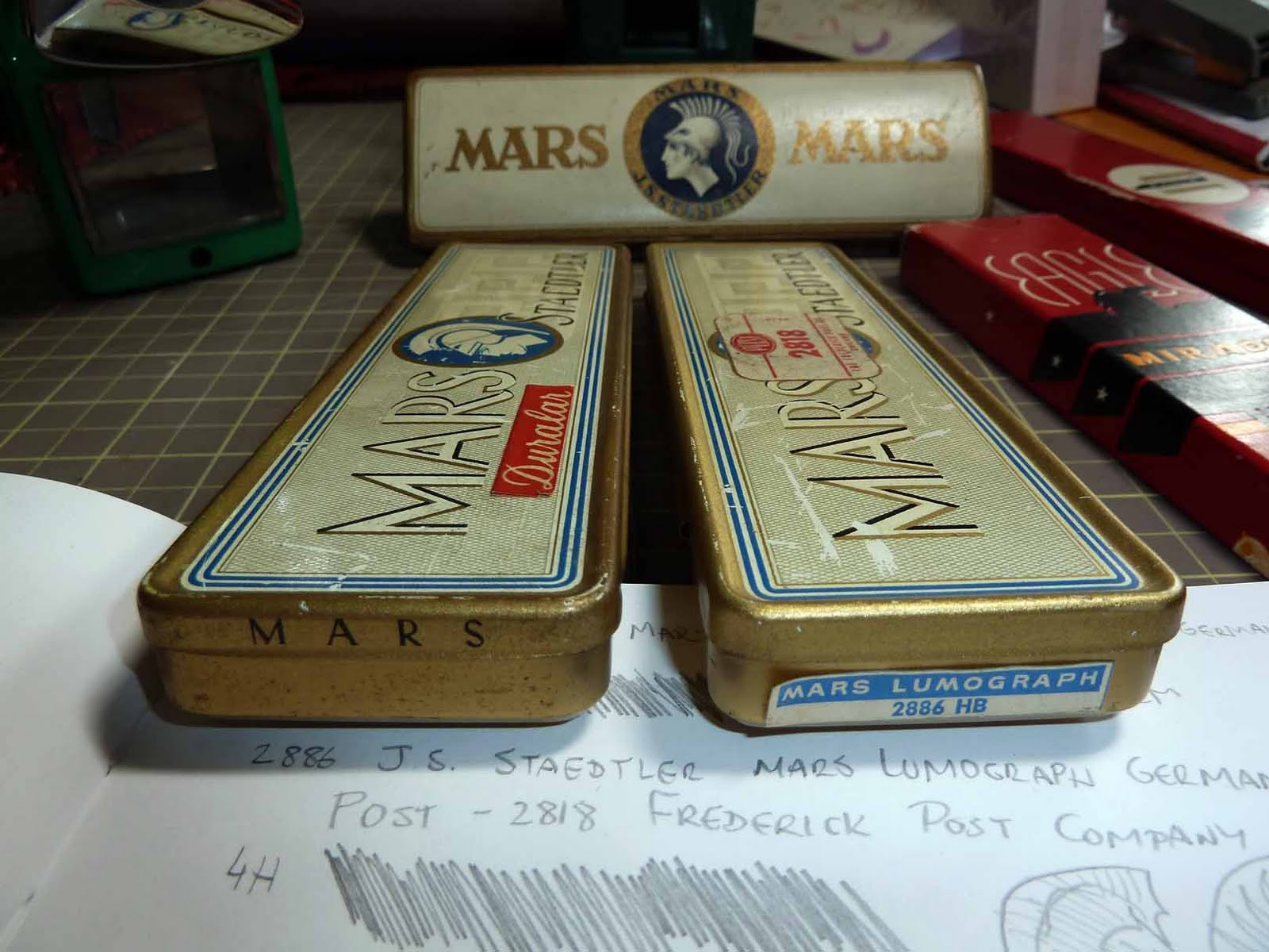 1950 MARS STAEDTLER PENCIL TIN WITH TWELVE 2H PENCILS AND ORIGINAL