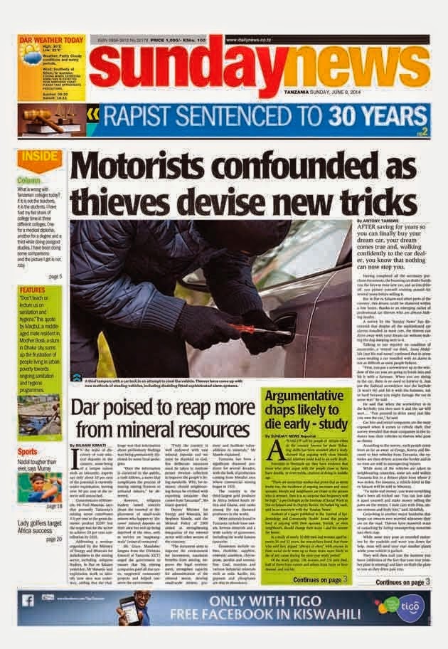 MAGAZETINI: MAGAZETI YA LEO JUMAPILI TAREHE 8/06/2014. NYANI WA