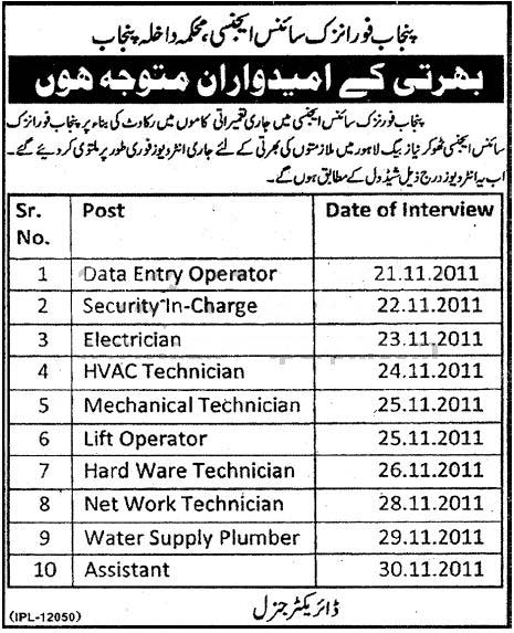 Punjab Forensic Science Agency Lahore Jobs