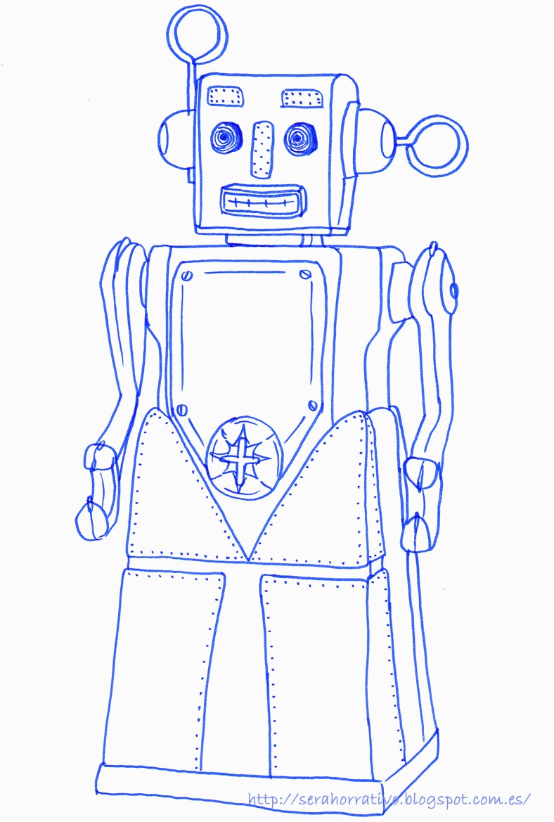 Robot con antenas, luz en los ojos y movimiento lámina colorear robot, dibujo colorear, gratis