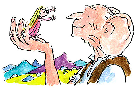 The BFG holding Sophie, a little girl, in the palm of his hand