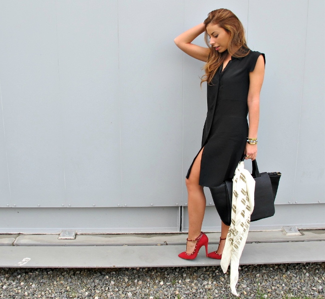 A bit of EJC, outfit, Stiletto Beats, lacma, sunday, schutz, red, stud, t-strap, t by alexander wang, black shirt dress, mcq, razor blade scarf, zara, city bag,