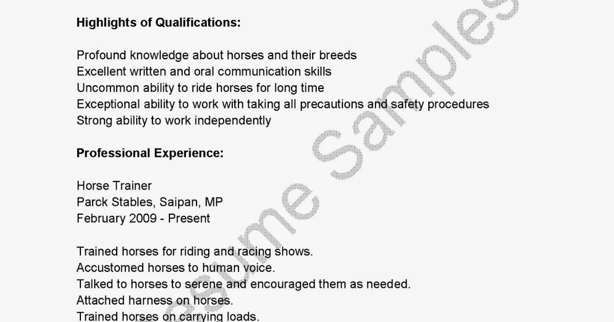Resume Samples Horse Trainer Resume Sample