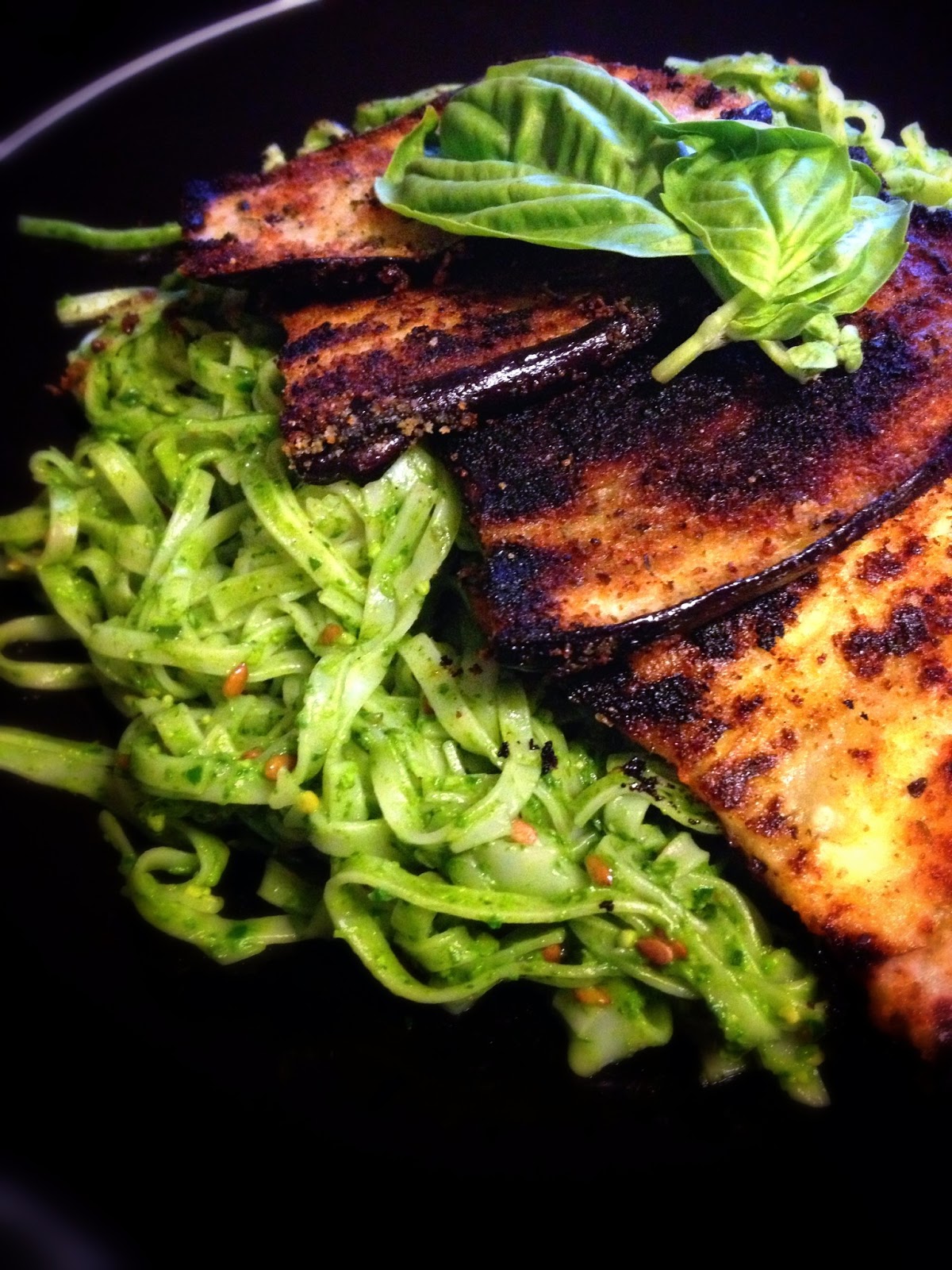 the happy insomniac Panfried Eggplant & Spinach Pesto Pasta (vegan)