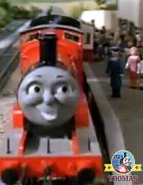 James the train at Gordon express coach Knapford station platform collect passenger railway coachers
