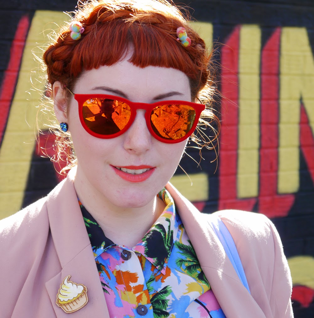 Scottish Blogger, Red Head, Ginger, Styled by Helen, Dundee, Amazing Spectacles, Graffiti, Tropical shirt, Luna on the Moon, Hair Slides, pom pom, Sun Glasses Shop, velvet sunglasses, rayban, Ray-Ban, Cheap Frills heart earrings, bright outfit, summer outfit, summer style, Abandon Ship, Kewpie tote bag, Rock Cakes brooch