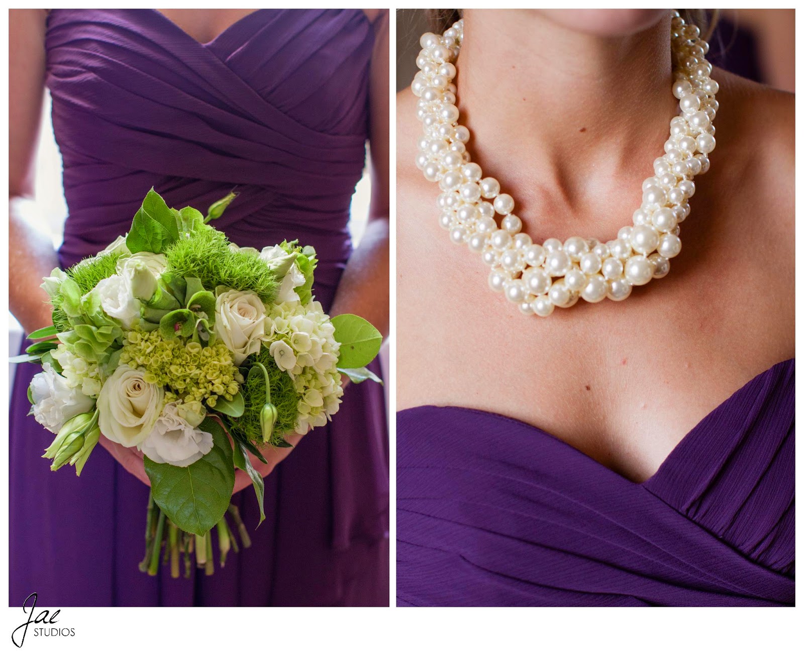 Jonathan and Julie, Bird cage, West Manor Estate, Wedding, Lynchburg, Virginia, Jae Studios, bridesmaids, flowers, bouquet, pearl necklace, sweetheart neckline, purple
