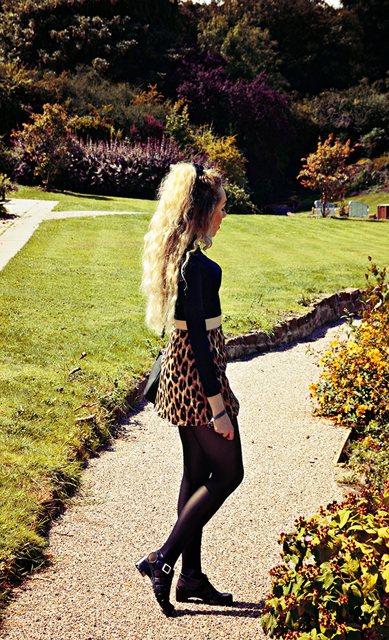 motel leopard skirt, american apparel crop, velvet scrunchie