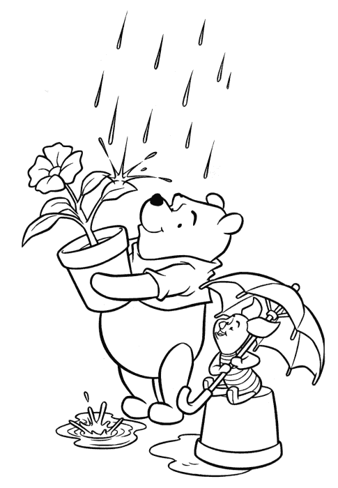 Disney Coloring Pages : Winnie The Pooh and Friends Play Rain title=