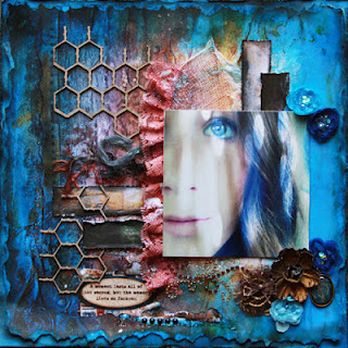Scraps of Darkness scrapbook kits - Mixed media layout in blue, created by Mandy Harrell with the June "White Rabbit" kit. www.scrapsofdarkness.com