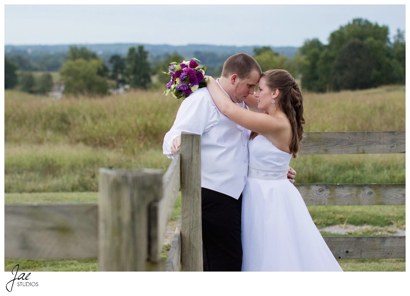 Jonathan and Julie, Bird cage, West Manor Estate, Wedding, Lynchburg, Virginia, Jae Studios, wedding dress, flowers, bouquet, purple, tuxedo, hugging, wooden fence