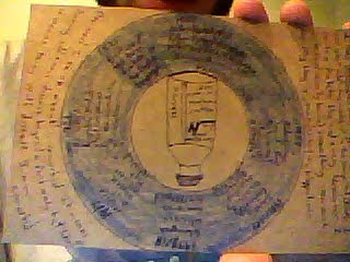 postcard jonah sent-drawing of an insulin vial inside of a blue crayon circle containing a timeline of diabetes events, bracketed by text- picture is blurry