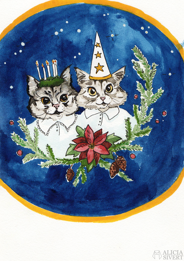 "Lussekatter", water colour painting by Alicia Sivertsson, 2015. aliciasivert, alicia sivert, alicia sivertsson, lussekatt, lussekatter, tofslan och vifslan, katt, katter, lucia, målning, måla, kreativitet, skapa, akvarell, vattenfärg, aquarelle, watercolor, watercolour, water color, water colour, painting, create, cat, cats, christmas card, xmas, jul, julkort