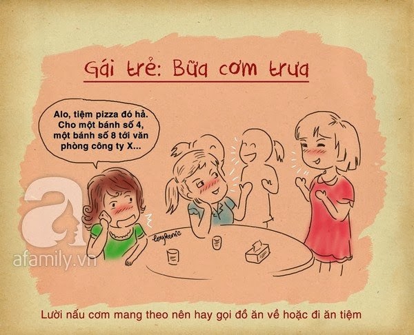 Tranh biếm họa, tranh biem hoa. Tranh biếm họa: 5 điểm khác biệt giữa 'gái già' và 'gái trẻ' công sở