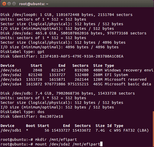 Showing list of partition tables and mkdir /mnt/efipart</code> and mount /dev/sda2 /mnt/efipart commands