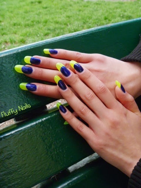 Fluffy Nails Nail Art French Bicolore Bleu Et Jaune Fluo China Glaze Neon
