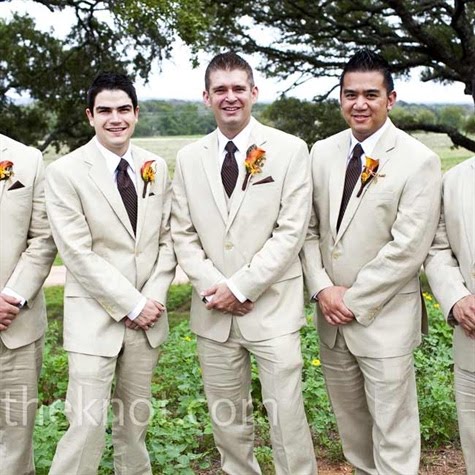 Light tan or khaki suits Image via The Knot Photography by SMS Light tan or khaki suits Image via The Knot Photography by SMS