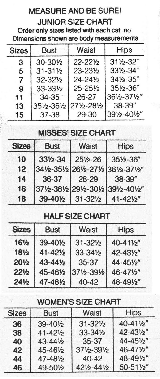 Sears Clothing Size Chart