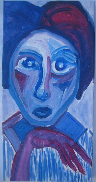 Retrato que muestra una mujer en blanco, azul y rosa con aire picassiano, de una serie sobre la misma mujer, obras de EmeBeZeta