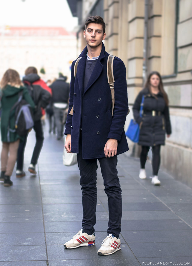 Cute Guy Nice Style Pea Coat and a Backpack casual cold weather men looks, how to wear pea coat, sneakers and backpack, cool mens street fashion by peopleandstyles.com