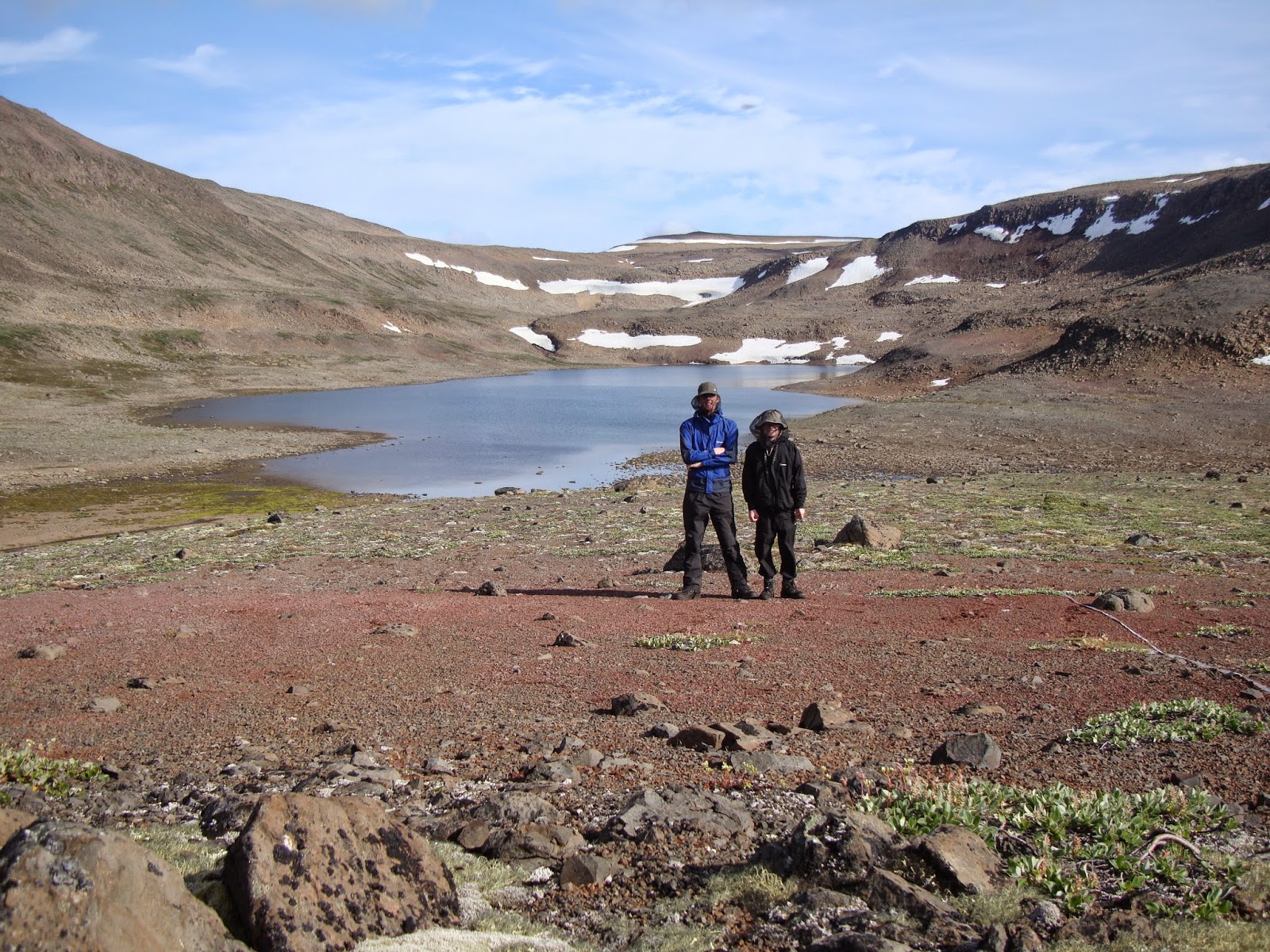 Disko island lake number 2 (of many thousands), I am on the right and my field assistant Joe Bailey on the left.