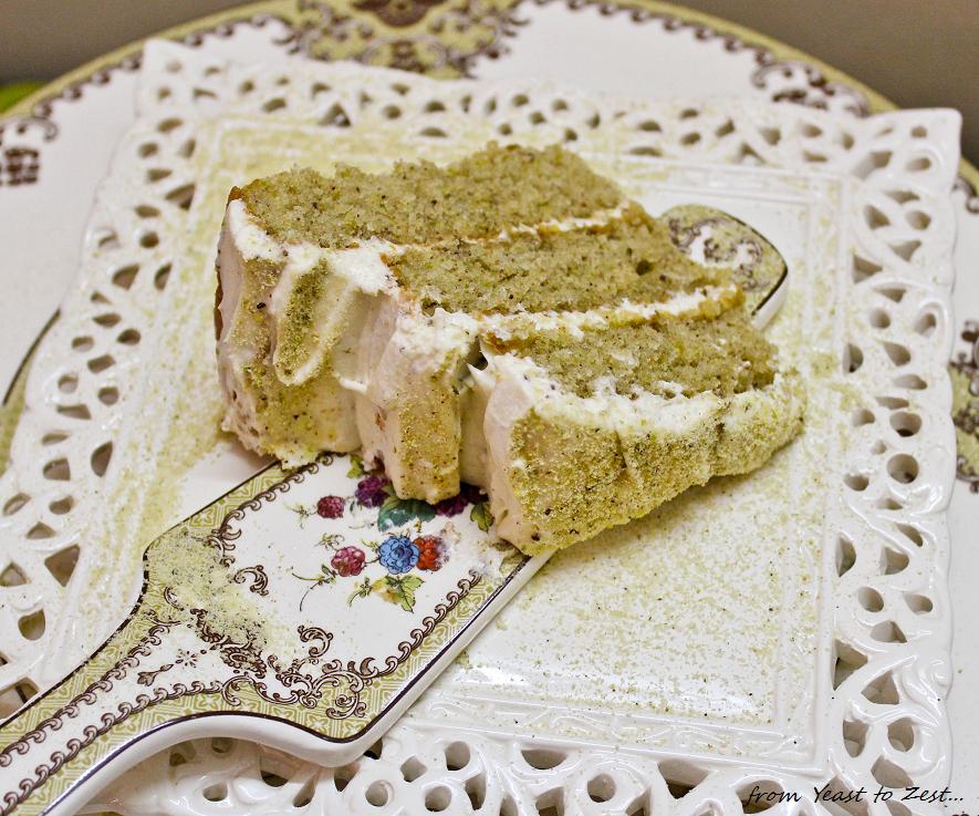 From Yeast to Zest Pistachio cake with cream cheese frosting...