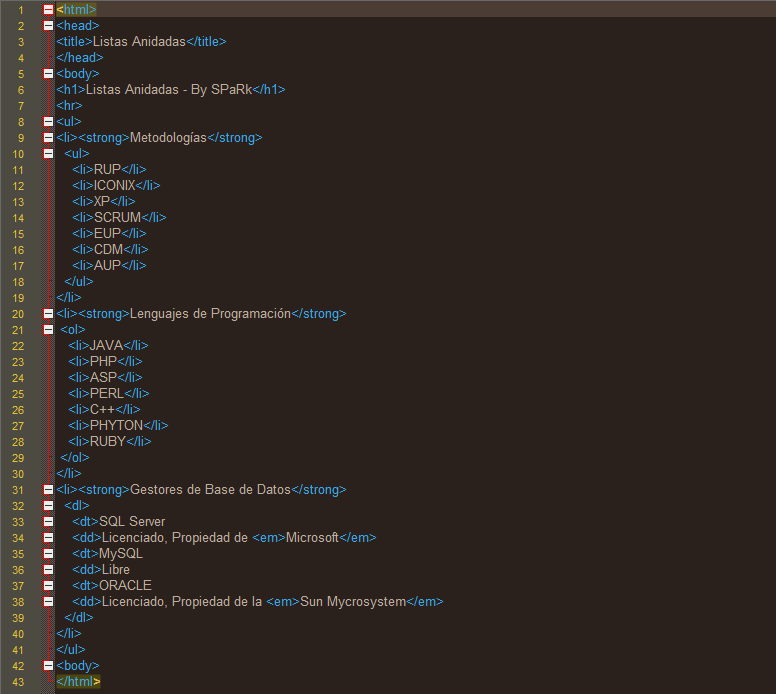 Crear Listas Anidadas en HTML SPaRk