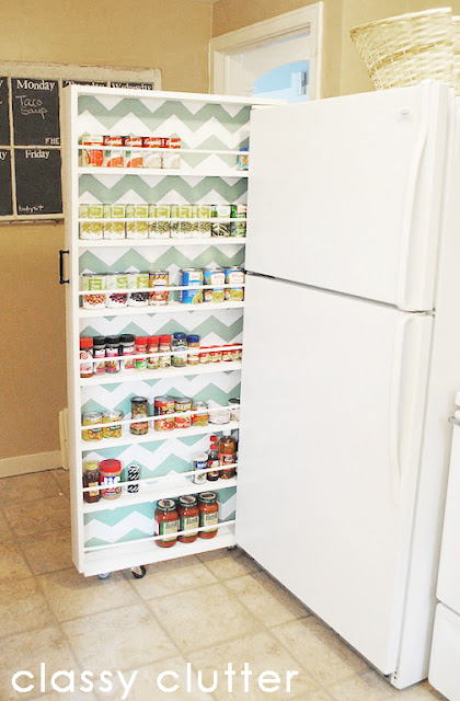 pantry on wheels that fits between the refrigerator and wall. 