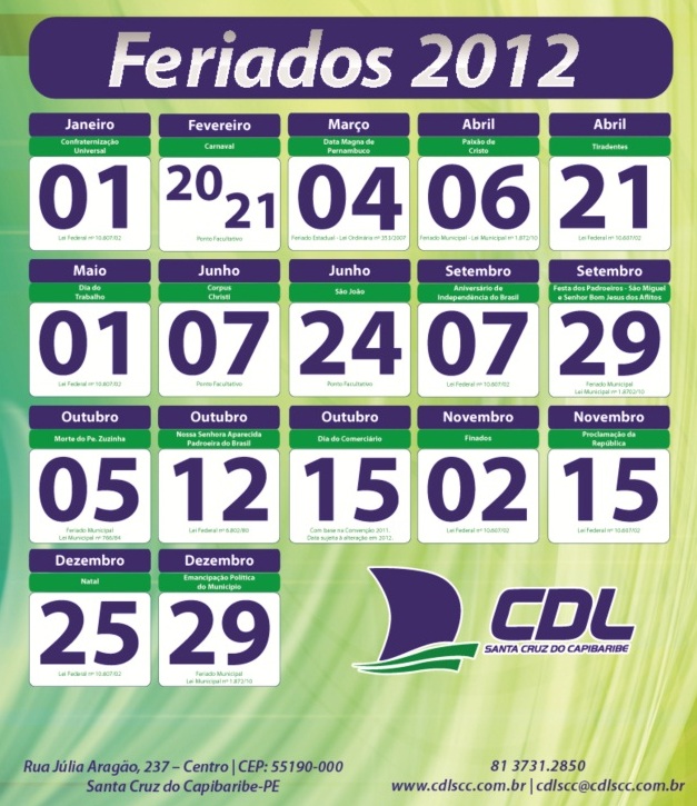Calendario 2012 Com Os Feriados Rj