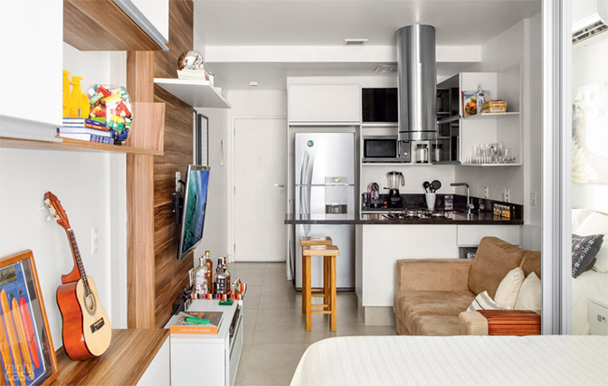 Boas ideias para apartamento pequeno ou quitinete! 01 quitinete de 26 m2 aposta em moveis planejados e integracao de ambiente Boas ideias para apartamento pequeno ou quitinete!