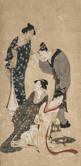 Katsushika Hokusai (1760 -1849) Tableau des moeurs féminines du temps Fujo fūzoku zu Ère Kansei, ans IV-VI (vers 1792-1794) 2 kakémono, shihon, diptyque 107 × 52,7 cm chacun Tsuwano, Katsushika Hokusai Museum of Art © Katsushika Hokusai Museum of Art