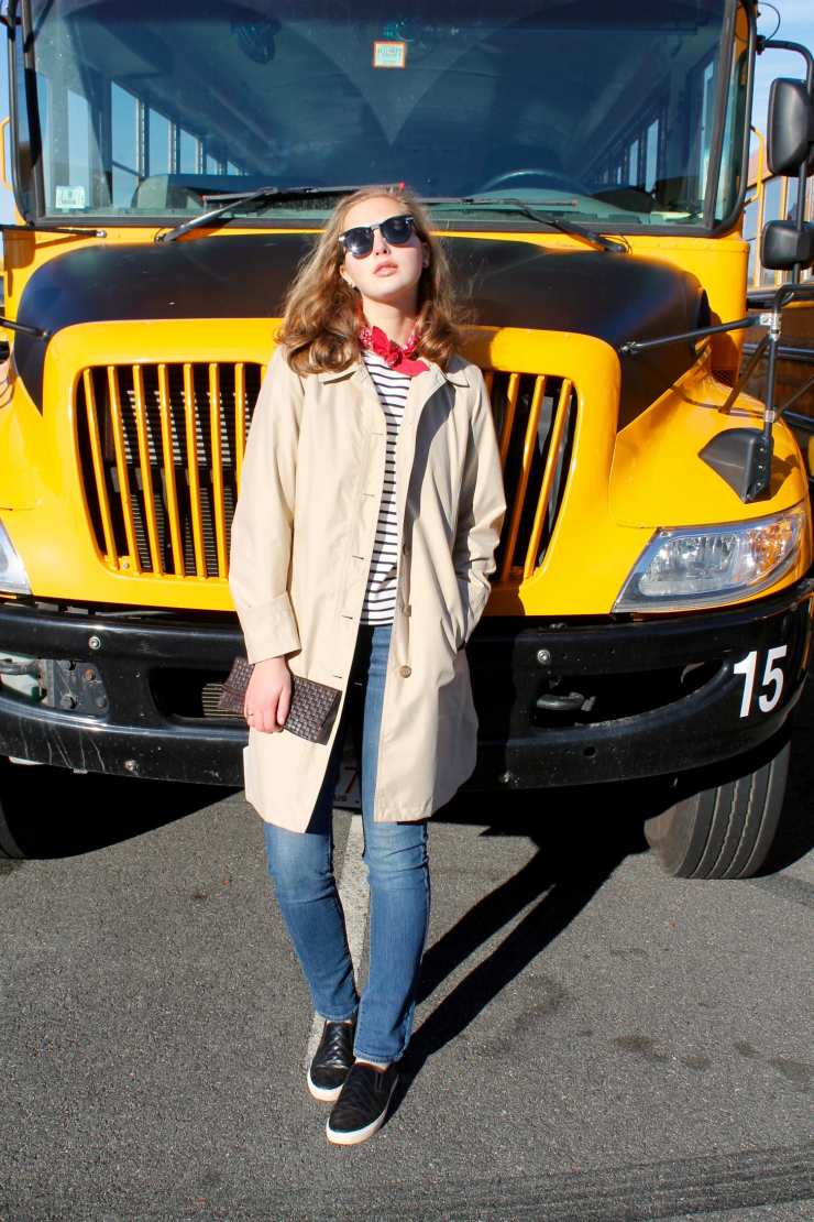 Trench coat, Breton shirt, red bandana, jeans and leather slip on sneakers