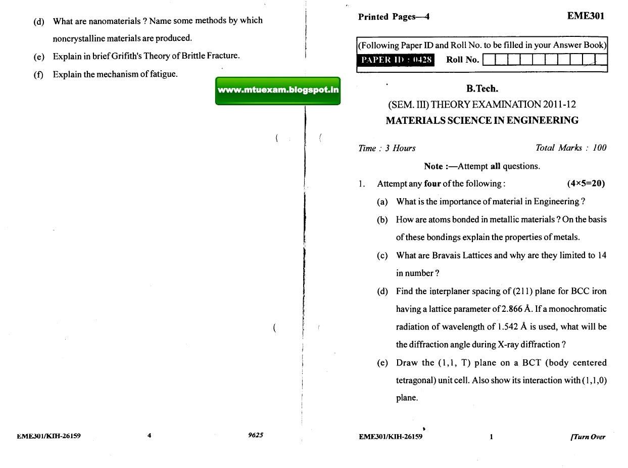 UPTU Exam Materials Science in Engineering
