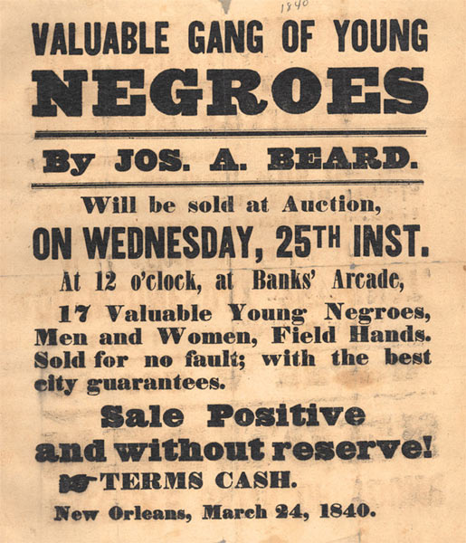US Slave New Orleans Slave Auction Advertisement