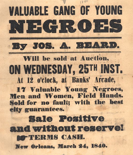 US Slave New Orleans Slave Auction Advertisement