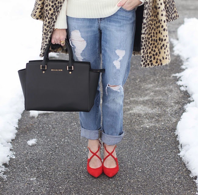 boyfriend jeans, Gap, JCrew, leopard coat, lulu looks, red heels, sole society, 