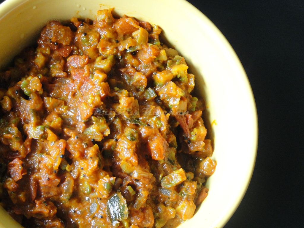 Krithi's Kitchen Pavakkai Ellu Masala / Bittergourd in Tomato Sesame