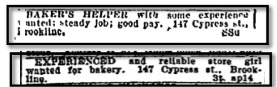 Help wanted ads for Boylston Bakery